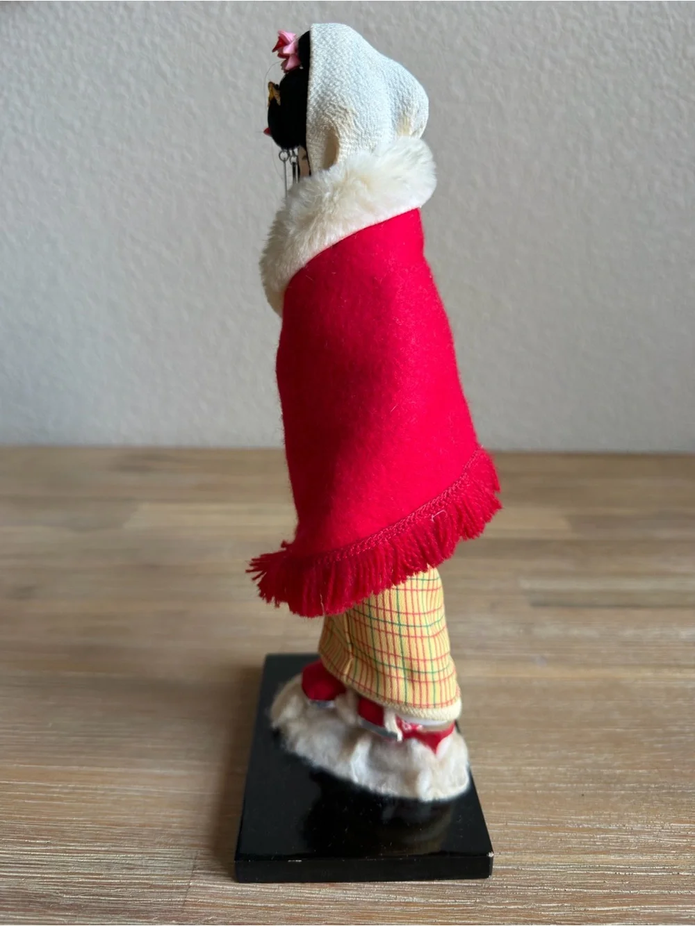 Vintage Japanese Geisha Doll Winter Kimono Cape Detailed Face Figurine Stand